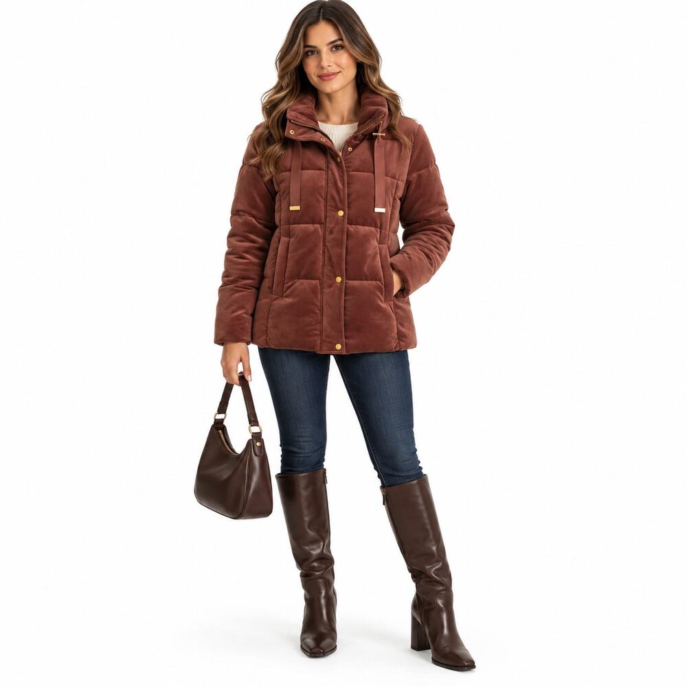 Isaac Mizrahi NY Women's Velvet Puffer Coat Size Small Brown Cozy Winter Jacket